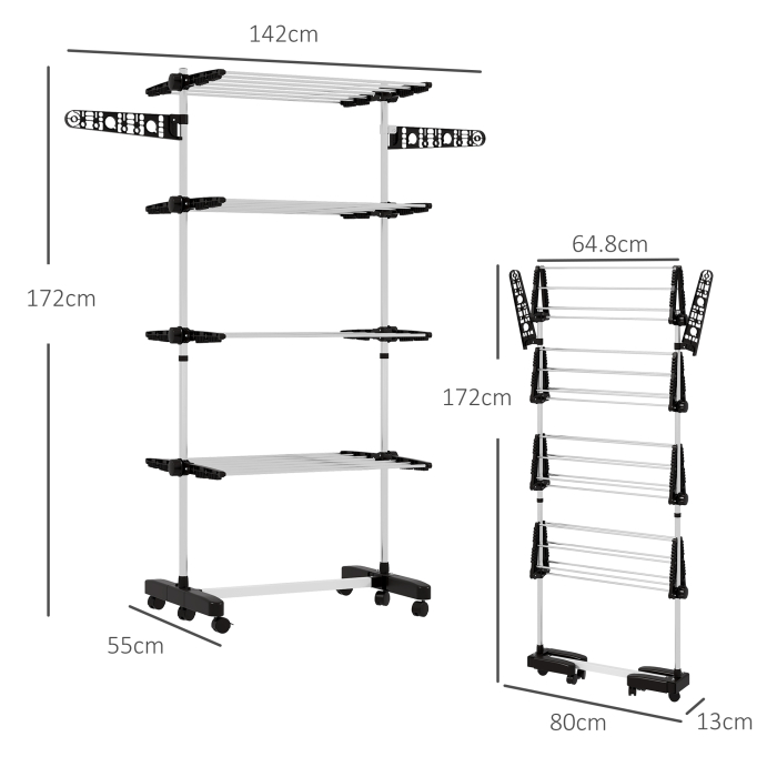  Uscator de Rufe Pliabil, Uscator Tip Turn cu 6 Roti, Carlige si 4 Rafturi Reglabile, 142x55x172 cm, Argintiu [3]