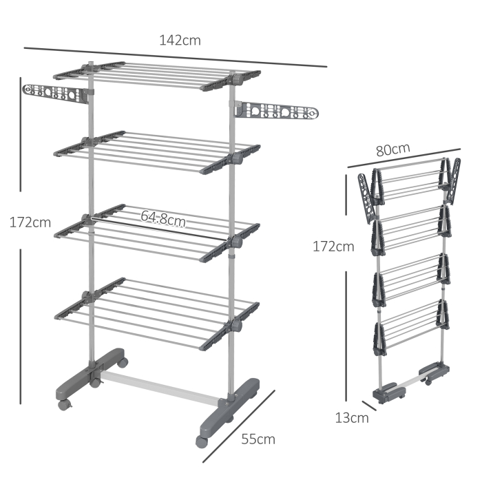 Uscator de Rufe Pliabil, Uscator Vertical cu 6 Roti, Carlige si 4 Rafturi Reglabile, 142x55x172 cm, Argintiu [3]