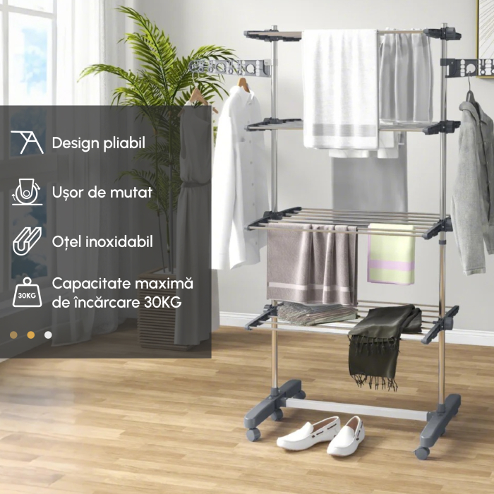  Uscator de Rufe Pliabil, Uscator Vertical cu 6 Roti, Carlige si 4 Rafturi Reglabile, 142x55x172 cm, Argintiu [4]