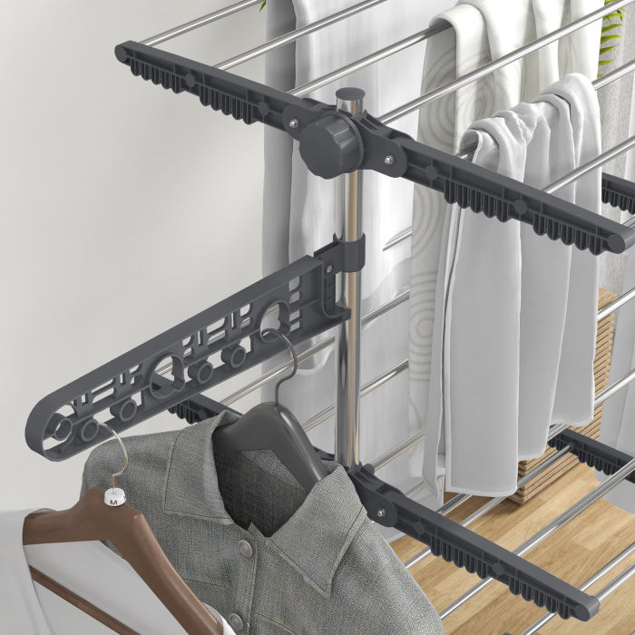  Uscator de Rufe Pliabil, Uscator Vertical cu 6 Roti, Carlige si 4 Rafturi Reglabile, 142x55x172 cm, Argintiu [9]