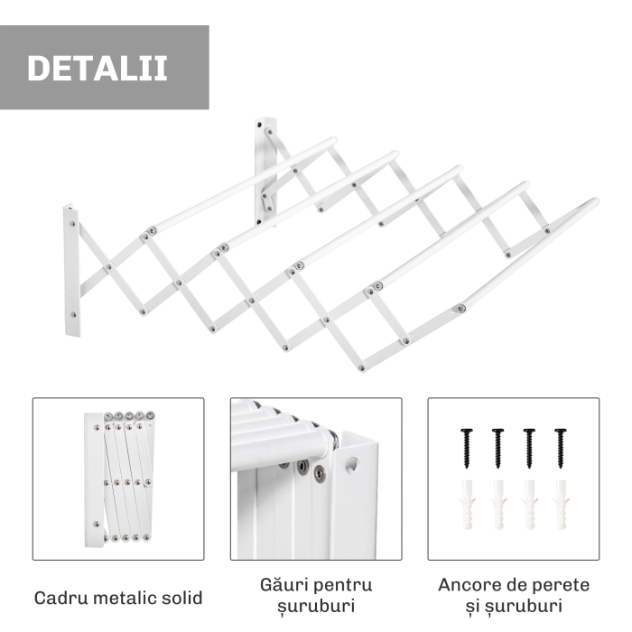  Uscator de Rufe Retractabil pentru Perete, Uscator Pliabil Economisitor de Spatiu din Metal pentru Interior si Exterior, 63,5x60x20 cm, Alb [6]
