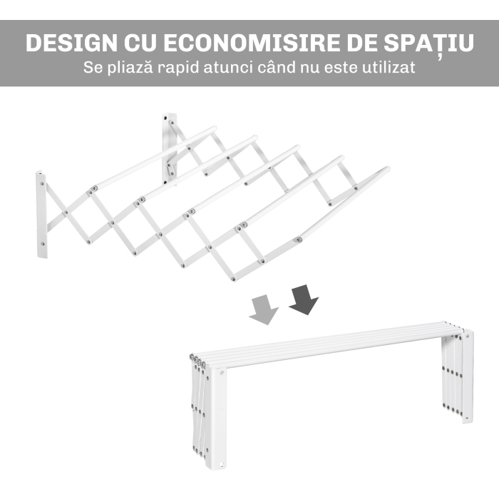  Uscator de Rufe Retractabil pentru Perete, Uscator Pliabil Economisitor de Spatiu din Metal pentru Interior si Exterior, 63,5x60x20 cm, Alb [5]