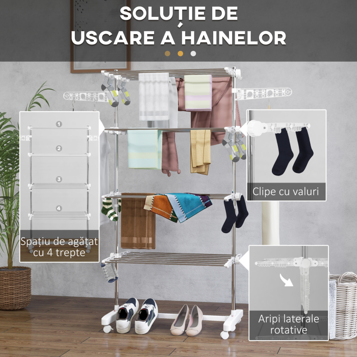  Uscator de Rufe Vertical Pliabil cu 6 Roti, Carlige si 4 Rafturi Reglabile, 142x55x172 cm, Alb [6]