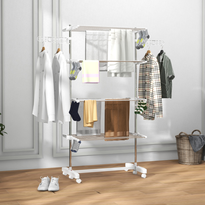  Uscator de Rufe Vertical Pliabil cu 6 Roti, Carlige si 4 Rafturi Reglabile, 142x55x172 cm, Alb [2]