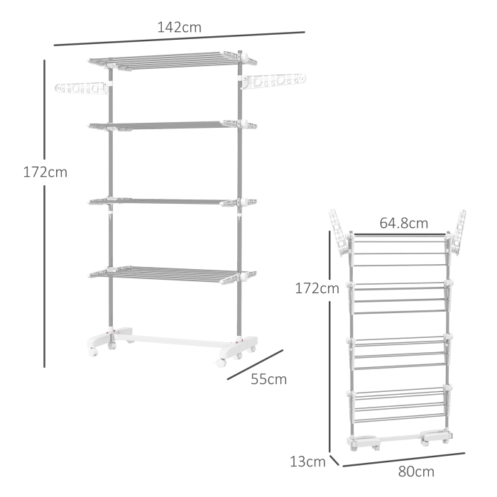  Uscator de Rufe Vertical Pliabil cu 6 Roti, Carlige si 4 Rafturi Reglabile, 142x55x172 cm, Alb [3]