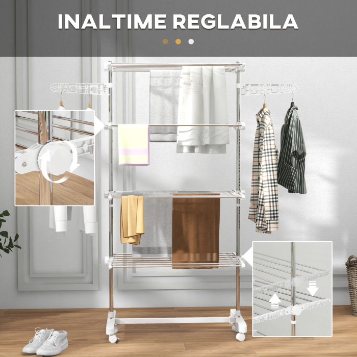  Uscator de Rufe Vertical Pliabil cu 6 Roti, Carlige si 4 Rafturi Reglabile, 142x55x172 cm, Alb [5]