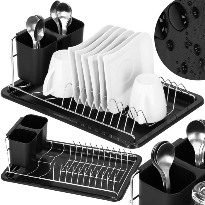 Uscator de vase cu suport tacamuri, din otel cromat, cu tava de scurgere, 40x19x13cm, negru [5]