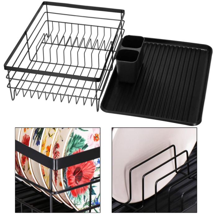 Uscator de vase cu suport tacamuri, din otel, cu tava de scurgere, 42x32x15cm, negru [22]