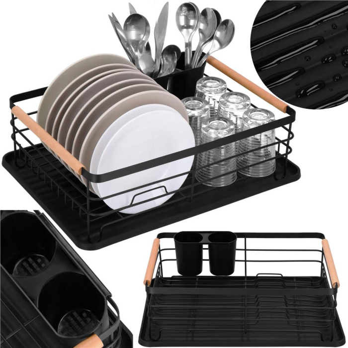 Uscator de vase cu suport tacamuri, din otel, cu tava de scurgere, manere lemn, 42x32x15cm, negru [10]