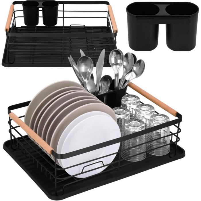 Uscator de vase cu suport tacamuri, din otel, cu tava de scurgere, manere lemn, 42x32x15cm, negru [11]
