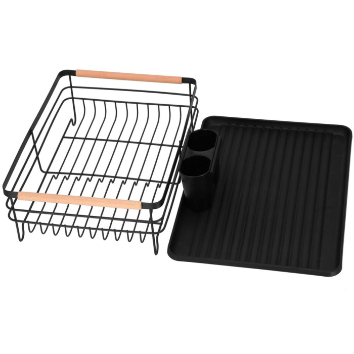 Uscator de vase cu suport tacamuri, din otel, cu tava de scurgere, manere lemn, 42x32x15cm, negru [20]