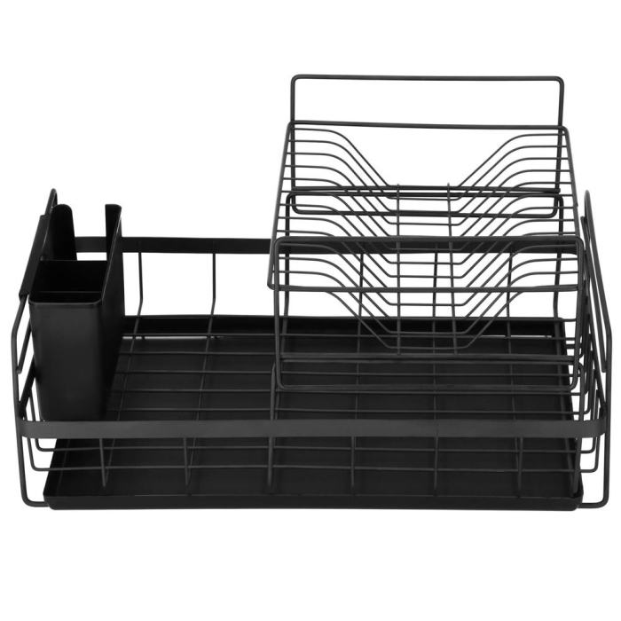 Uscator de vase cu suport tacamuri, din otel, pe 2 nivele, cu tava de scurgere, 50x30x24cm, negru [10]