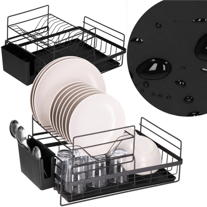 Uscator de vase cu suport tacamuri, din otel, pe 2 nivele, cu tava de scurgere, 50x30x24cm, negru [13]