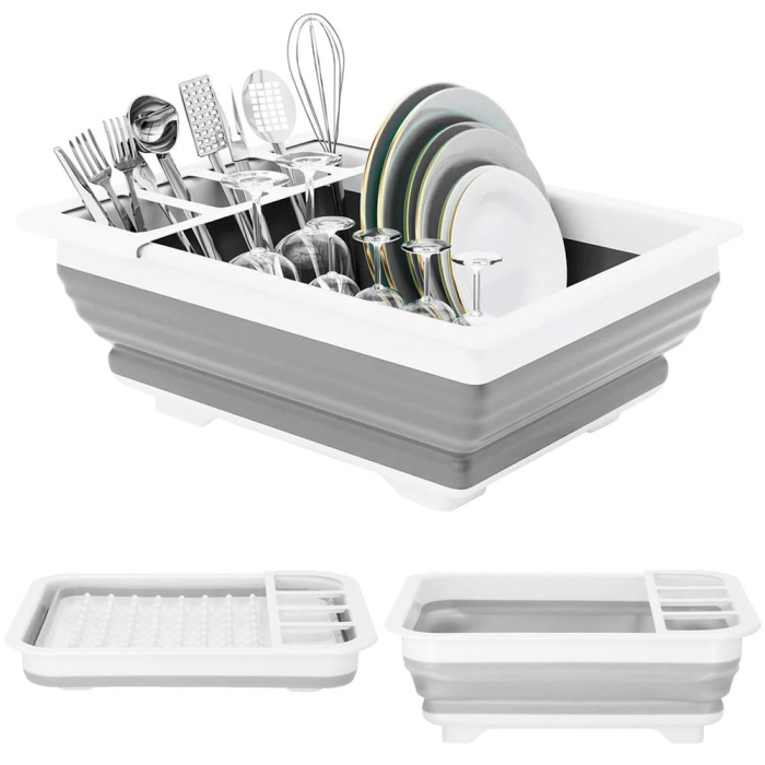 Uscator de vase pliabil, din pastic si silicon, 36x31x12cm, suport tacamuri, alb si gri [12]
