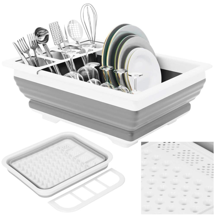 Uscator de vase pliabil, din pastic si silicon, 36x31x12cm, suport tacamuri, alb si gri [10]