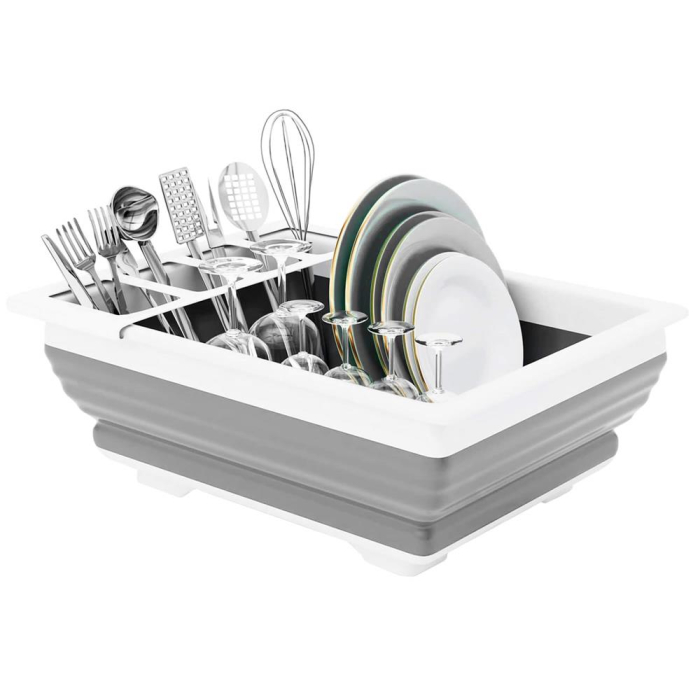 Uscator de vase pliabil, din pastic si silicon, 36x31x12cm, suport tacamuri, alb si gri [5]
