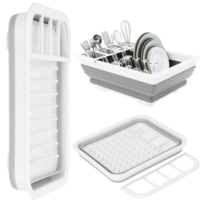 Uscator de vase pliabil, din pastic si silicon, 36x31x12cm, suport tacamuri, alb si gri [13]