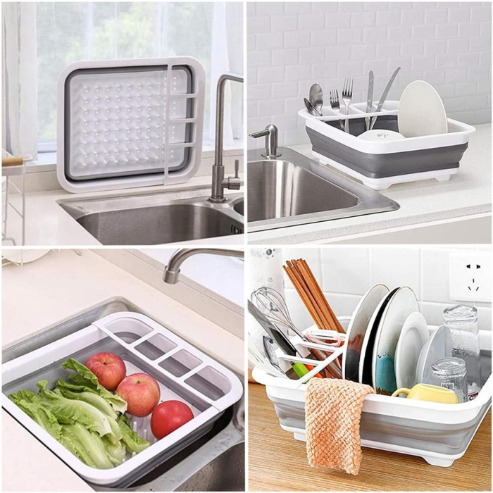 Uscator de vase pliabil, din pastic si silicon, 36x31x12cm, suport tacamuri, alb si gri [7]