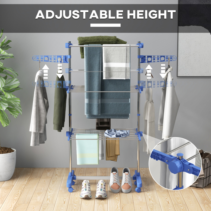  Uscator Vertical cu 3 Rafturi Reglabile, din Otel si Plastic, 142x55x152 cm, Albastru si Argintiu [4]