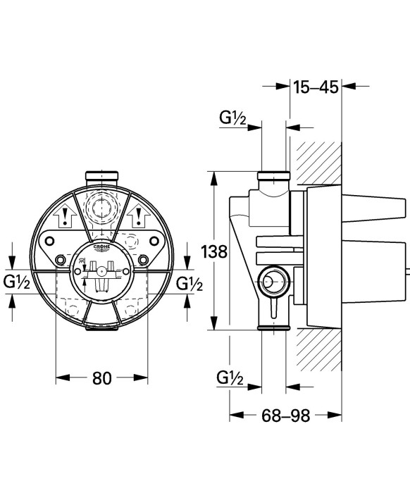 Valva incastrat Grohe 33965000, 1 bar, 138 mm, 1 functii palarie dus, 2 nr iesiri, 2 nr intrari, cu diverter [4]