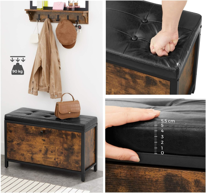 VASAGLE Banca cu organizator pantofi, cu clapeta, 30x80x51cm, industrial vintage, maro cu negru [9]