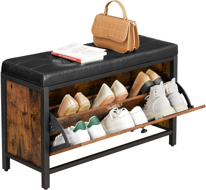 VASAGLE Banca cu organizator pantofi, cu clapeta, 30x80x51cm, industrial vintage, maro cu negru [3]