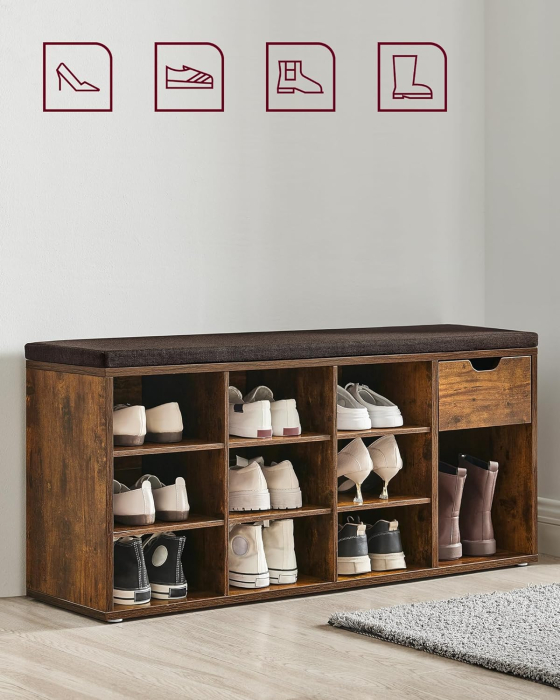 VASAGLE Banca de depozitare cu suport pentru pantofi, 10 compartimente si dulap, cu perna, 30x104x48cm, maro rustic [3]