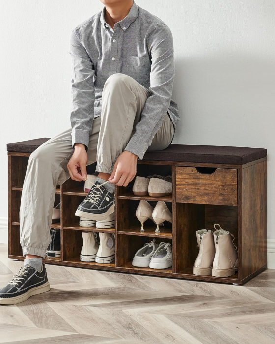 VASAGLE Banca de depozitare cu suport pentru pantofi, 10 compartimente si dulap, cu perna, 30x104x48cm, maro rustic [5]