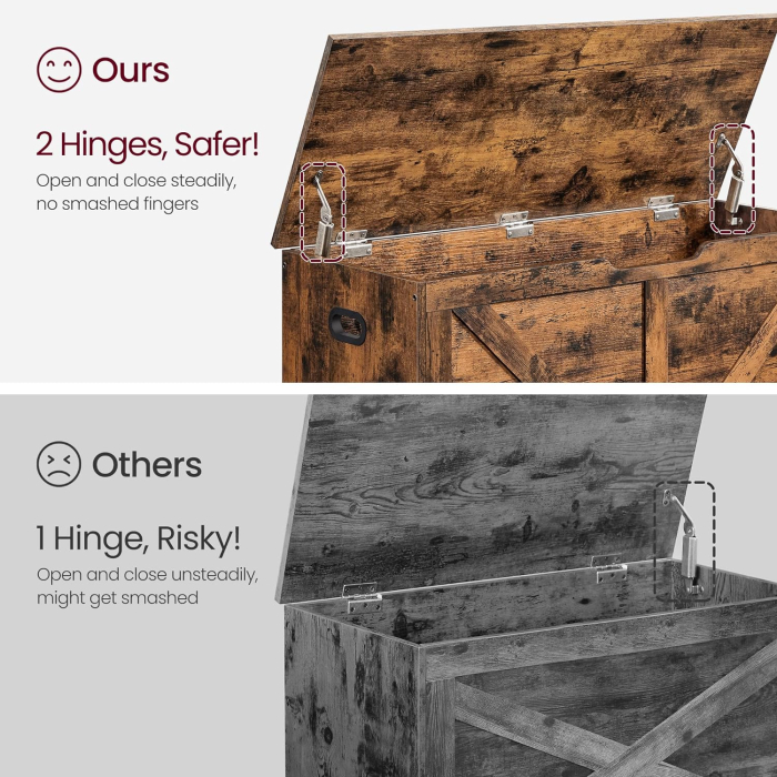 VASAGLE Banca de depozitare tip cufar, cu 2 balamale de siguranta, stil hambar, 40x100x46cm, maro rustic [3]