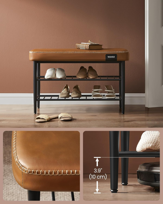 VASAGLE Banca pantofi 80x30x50 cm, cu rafturi si sezut tapitat, otel si piele PU, maro caramel [9]