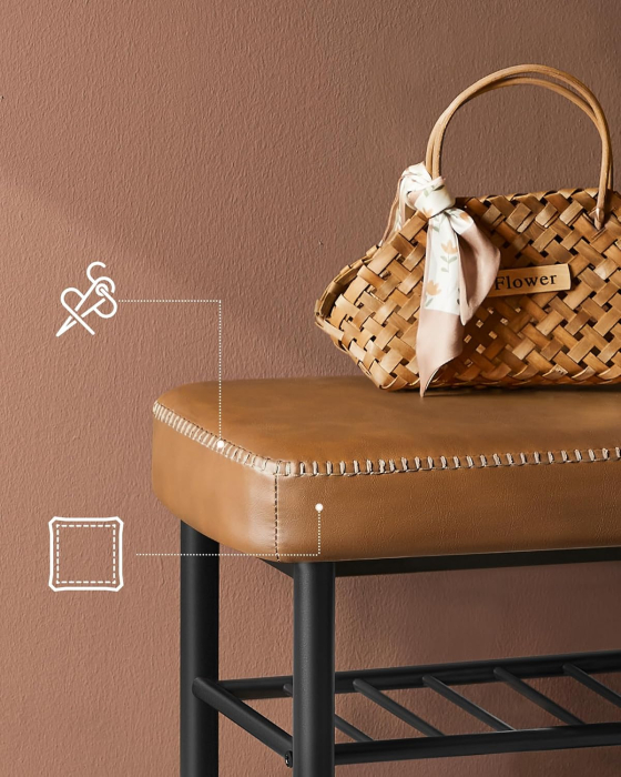 VASAGLE Banca pantofi 80x30x50 cm, cu rafturi si sezut tapitat, otel si piele PU, maro caramel [4]