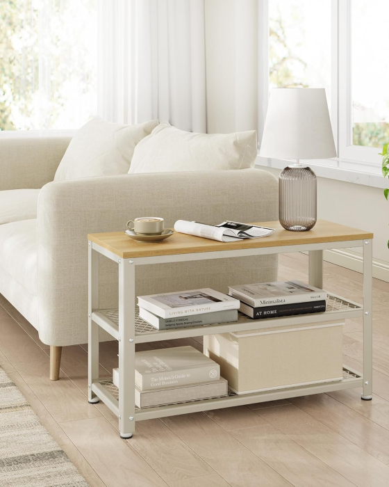 Banca pantofi cu 2 rafturi, cadru metalic si sezut din PAL, stil industrial, 73x30x45 cm, stejar si alb [3]