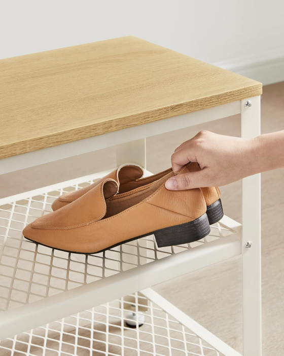 Banca pantofi cu 2 rafturi, cadru metalic si sezut din PAL, stil industrial, 73x30x45 cm, stejar si alb [4]