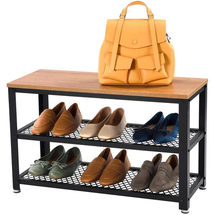 Banca pantofi cu 2 rafturi, cadru metalic si sezut din PAL, stil industrial, 73x30x45 cm, stejar si negru [3]