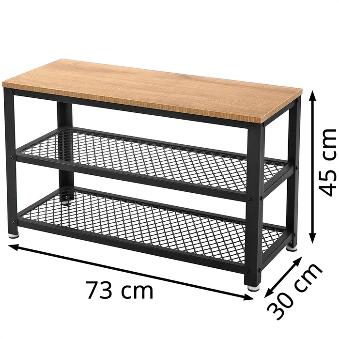 Banca pantofi cu 2 rafturi, cadru metalic si sezut din PAL, stil industrial, 73x30x45 cm, stejar si negru [2]