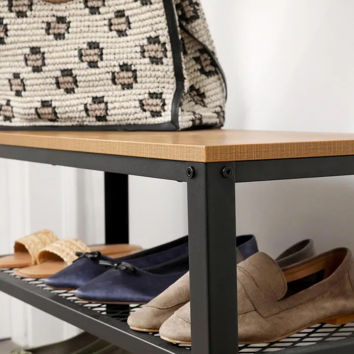 Banca pantofi cu 2 rafturi, cadru metalic si sezut din PAL, stil industrial, 73x30x45 cm, stejar si negru [5]