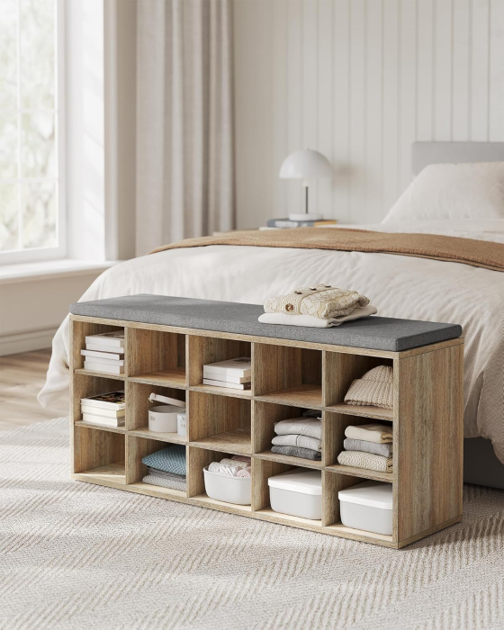 Banca pantofi cu sezut si perna, 15 compartimente deschise, PAL, 105x30x48 cm, gri stejar [9]