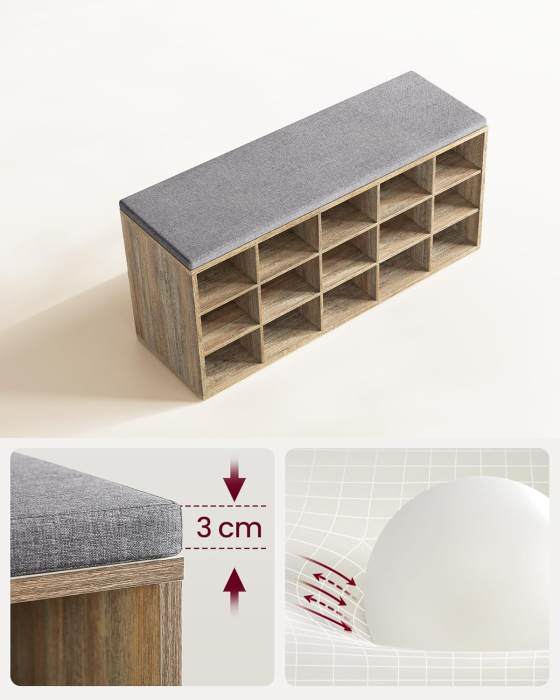 Banca pantofi cu sezut si perna, 15 compartimente deschise, PAL, 105x30x48 cm, gri stejar [7]