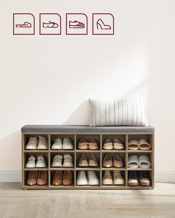 Banca pantofi cu sezut si perna, 15 compartimente deschise, PAL, 105x30x48 cm, gri stejar [8]