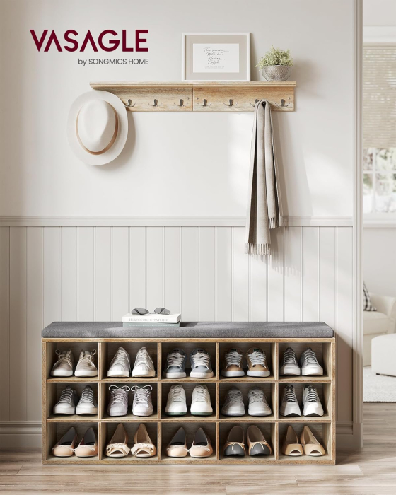 Banca pantofi cu sezut si perna, 15 compartimente deschise, PAL, 105x30x48 cm, gri stejar [4]