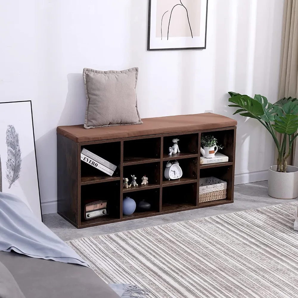 VASAGLE Banca pentru hol cu suport pentru pantofi, 10 compartimente, cu perna, 104x48x30cm, maro rustic [9]