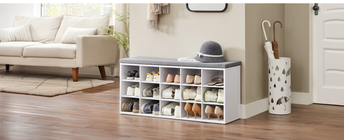 VASAGLE Banca pentru hol cu suport pentru pantofi, 15 compartimente, cu perna, 30x105x48cm, alb [8]