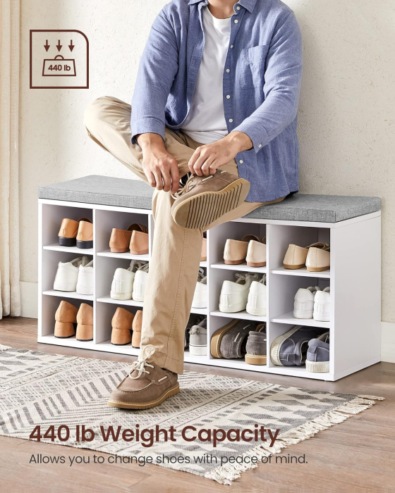 VASAGLE Banca pentru hol cu suport pentru pantofi, 15 compartimente, cu perna, 30x105x48cm, alb [5]