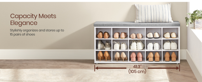 VASAGLE Banca pentru hol cu suport pentru pantofi, 15 compartimente, cu perna, 30x105x48cm, alb [9]