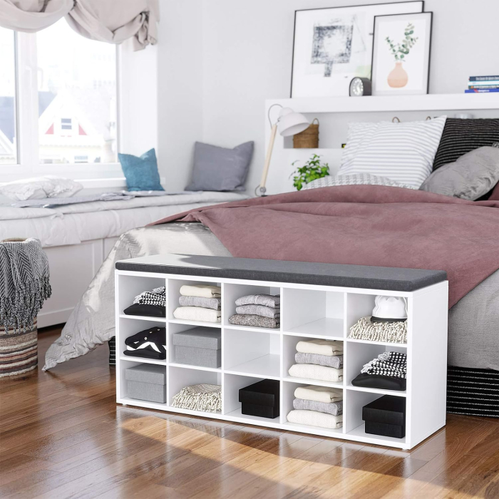 VASAGLE Banca pentru hol cu suport pentru pantofi, 15 compartimente, cu perna, 30x105x48cm, alb [4]