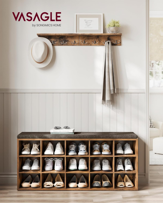 VASAGLE Banca pentru hol cu suport pentru pantofi, 15 compartimente, cu perna, 30x105x48cm, maro rustic [6]