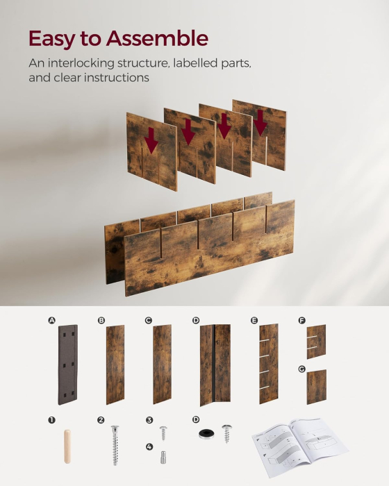 VASAGLE Banca pentru hol cu suport pentru pantofi, 15 compartimente, cu perna, 30x105x48cm, maro rustic [2]