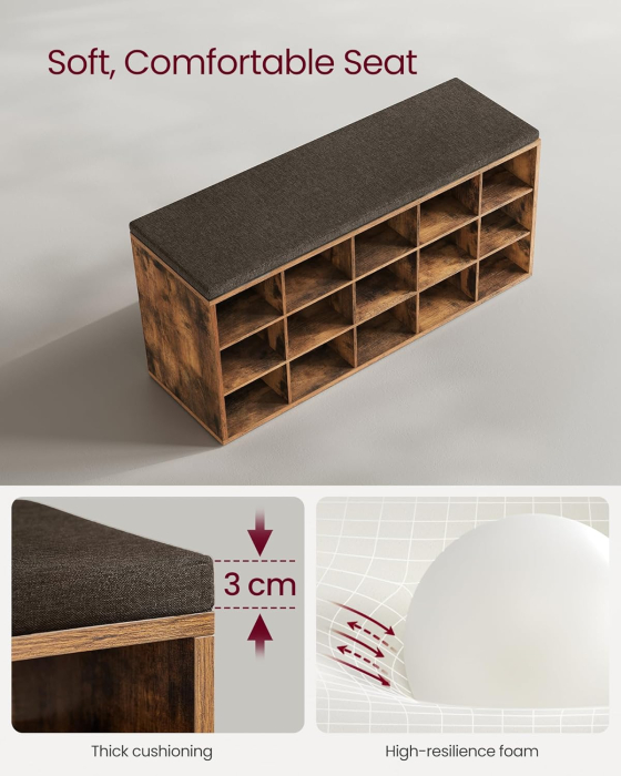 VASAGLE Banca pentru hol cu suport pentru pantofi, 15 compartimente, cu perna, 30x105x48cm, maro rustic [7]