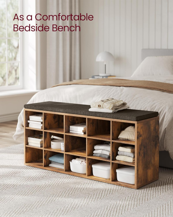 VASAGLE Banca pentru hol cu suport pentru pantofi, 15 compartimente, cu perna, 30x105x48cm, maro rustic [8]