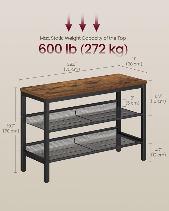 Banca pentru pantofi 3 rafturi, cu polite metalice si blat PAL, cadru otel, 75x28x50 cm, maro rustic [3]